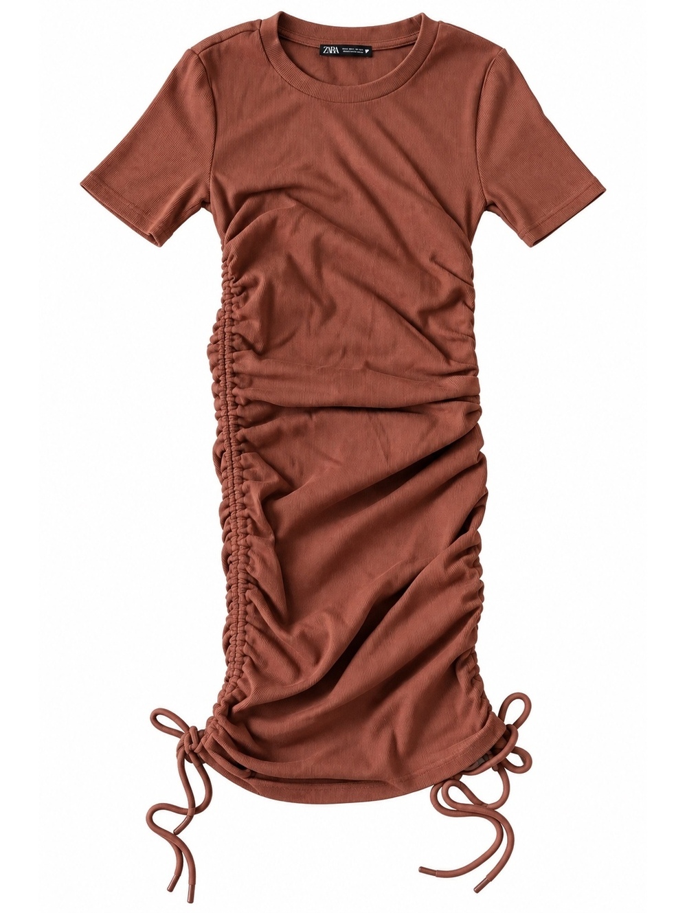 Zara Brown Rust Ruched Drawstring Ribbed Mini Dress Size S Fall Autumn Y2K - Picture 2 of 3